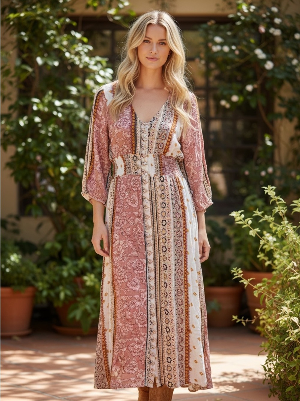 Romantic Boho Patchwork Long Sleeve Maxi Dress L Multico Button front autumn